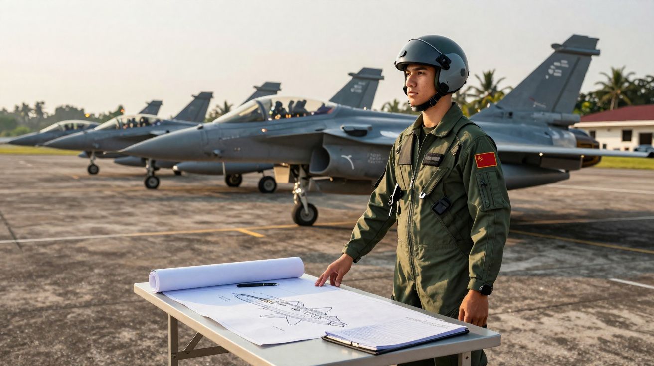 Pilote en tenue militaire devant des plans d’avion sur une table, plusieurs jets de chasse en arrière-plan.