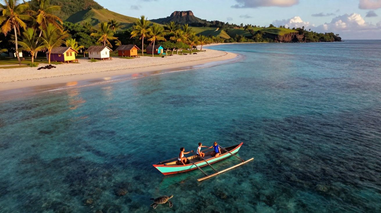 Plage tropicale avec cabanes colorées, palmiers, trois personnes en bateau sur eau cristalline et une tortue marine.