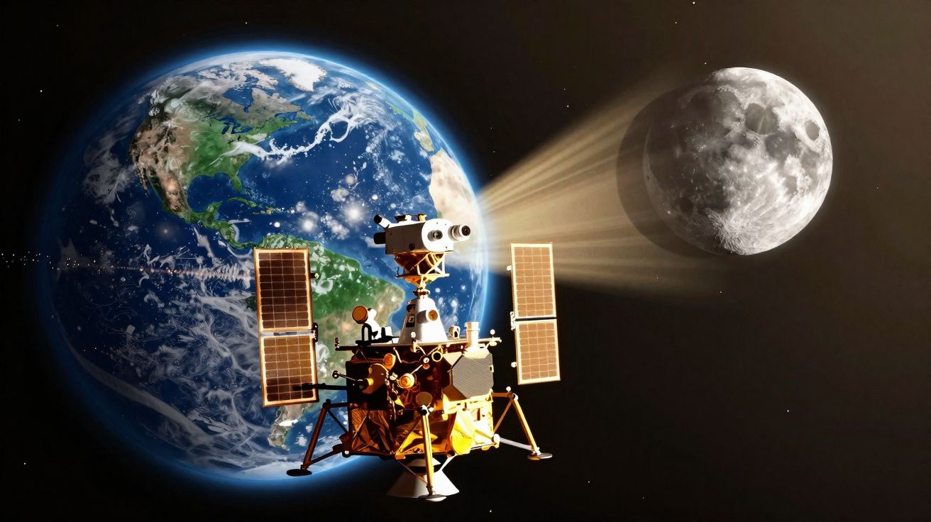 Satellite avec panneaux solaires en orbite terrestre, pointant vers la Lune visible en arrière-plan.