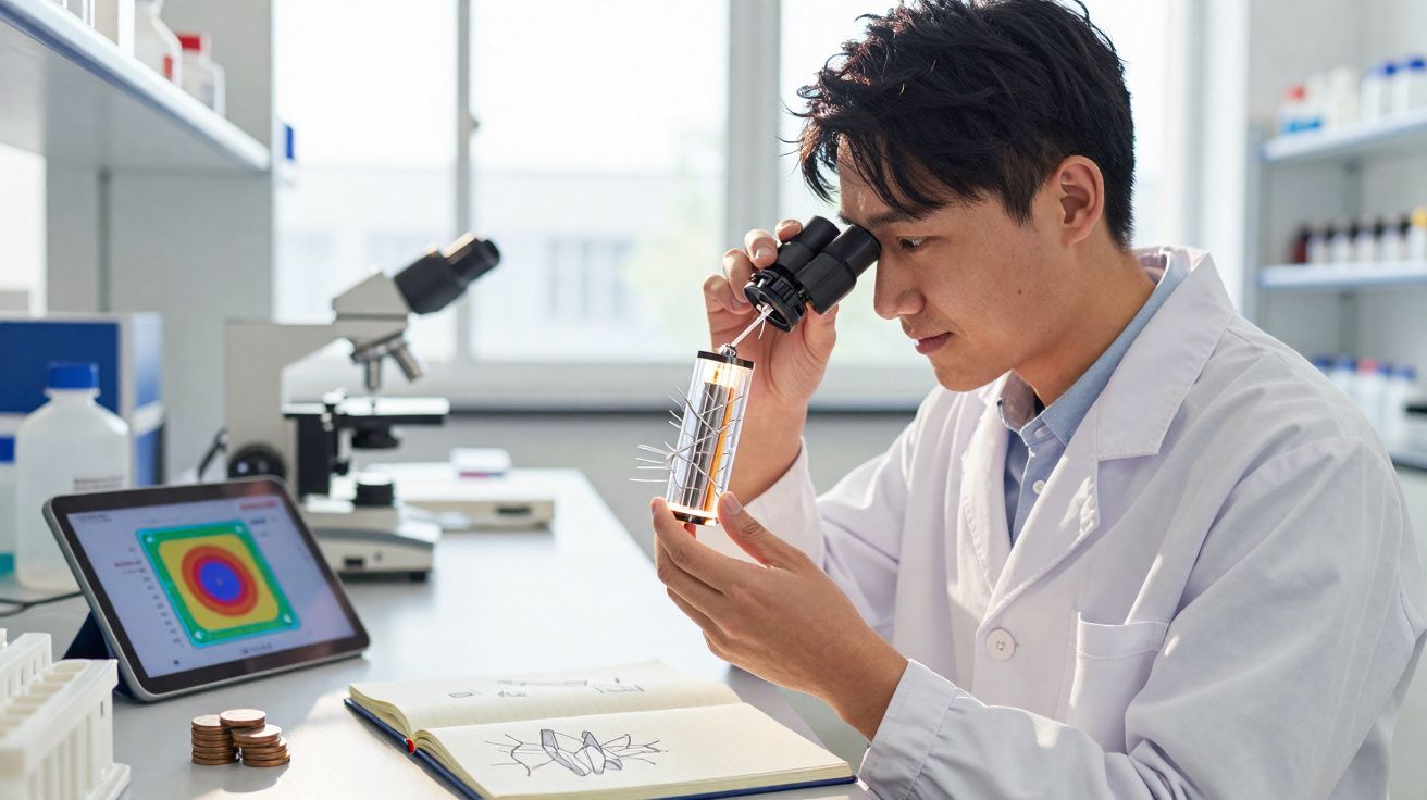 Chercheur en blouse blanche utilisant un microscope portable pour observer un objet dans un laboratoire lumineux.