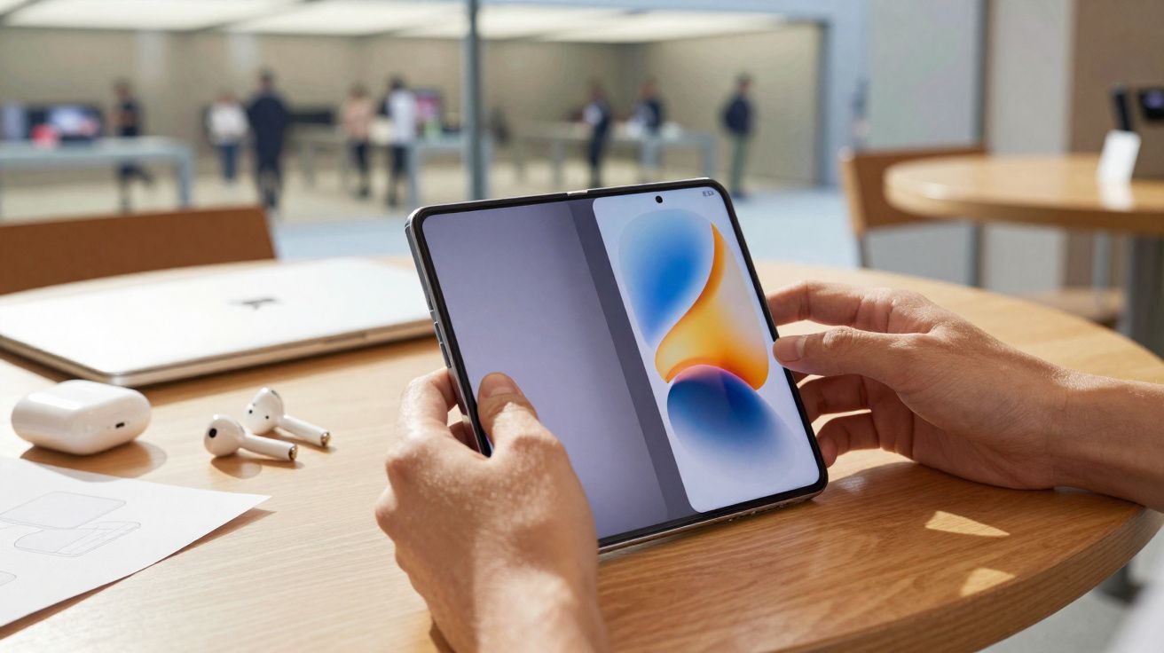 Deux mains tenant un smartphone pliable ouvert avec un écran coloré sur une table en bois clair.