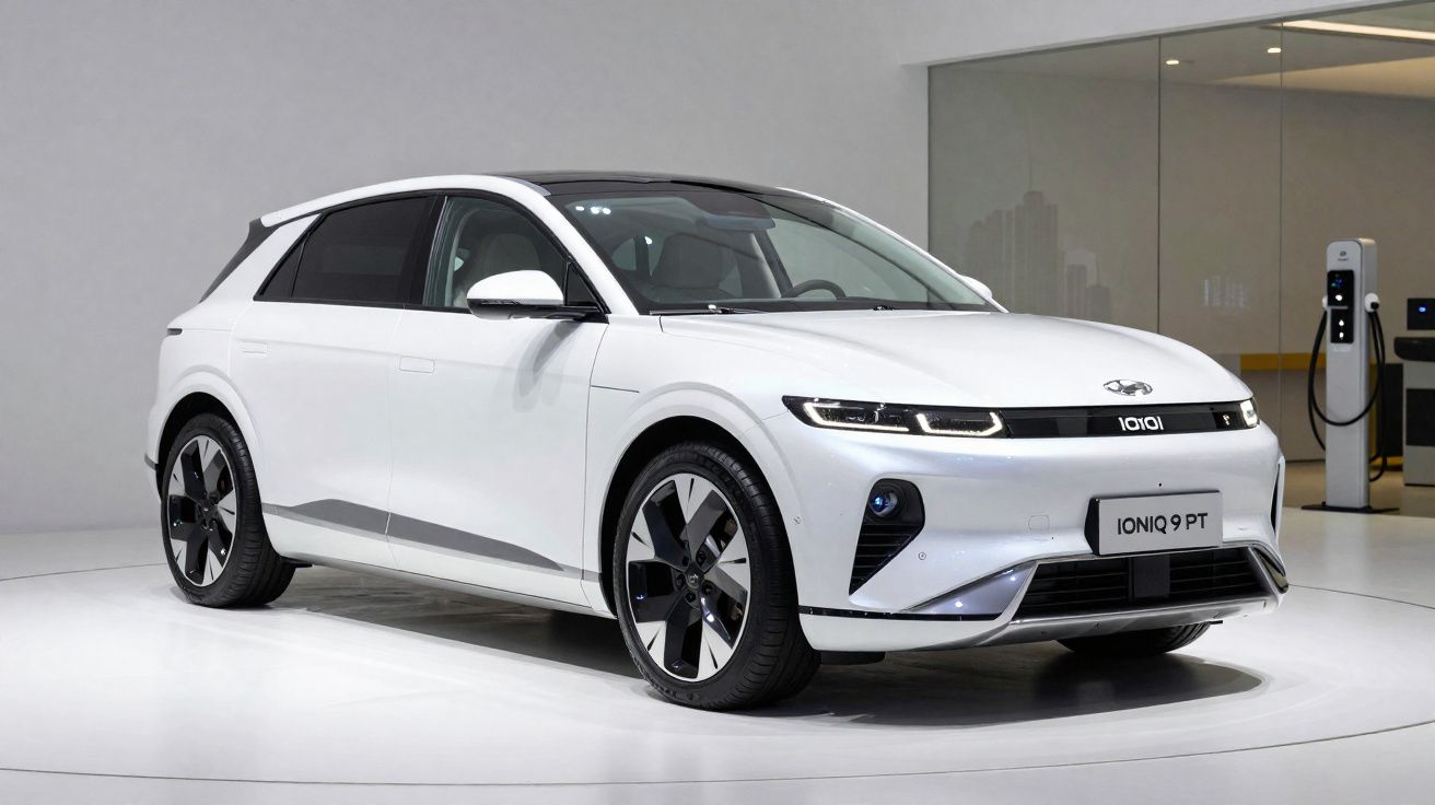 Voiture électrique blanche Ioniq 9 PT exposée sur un podium avec borne de recharge en arrière-plan.