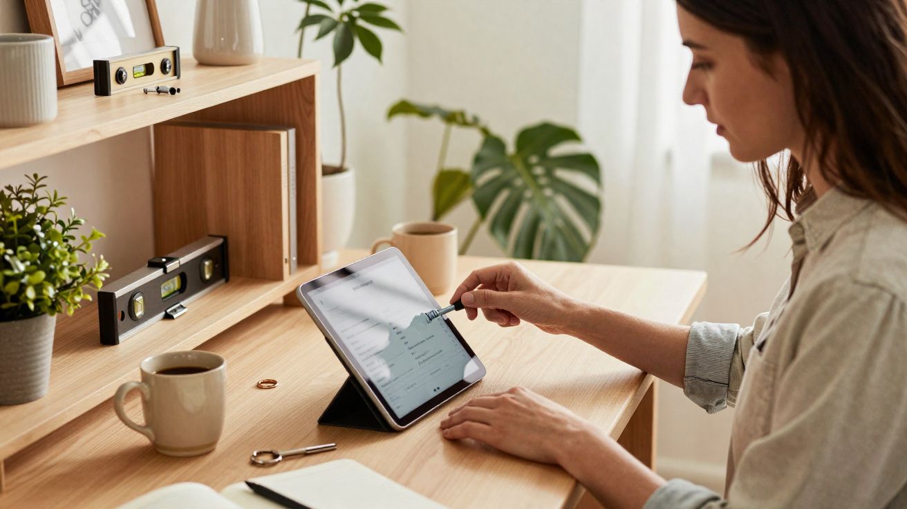 Femme utilisant une tablette tactile avec un stylet, assise à un bureau en bois clair lumineux avec plantes et tasse.