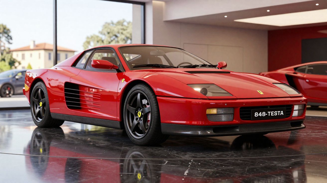 Voiture de sport rouge Ferrari 848-Testa exposée dans un showroom moderne avec sol brillant.