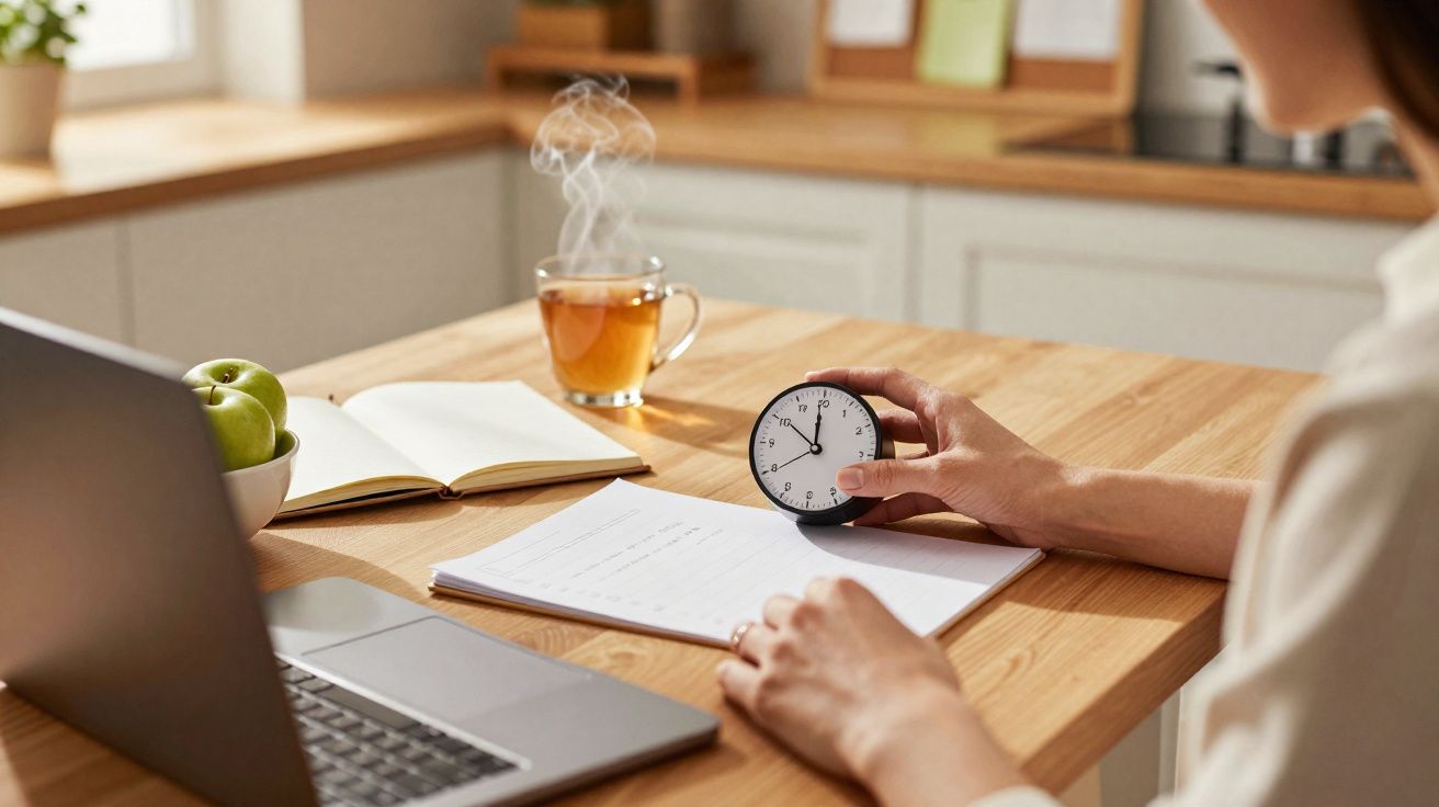 Personne travaillant à une table avec ordinateur, documents, horloge, thé fumant et pommes vertes.