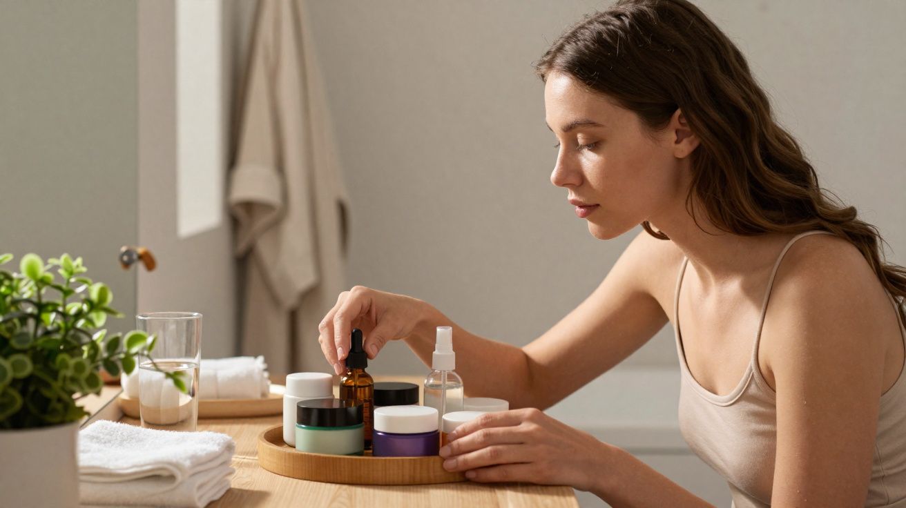 Jeune femme assise à une table, utilisant des soins de beauté dans un environnement lumineux et apaisant.