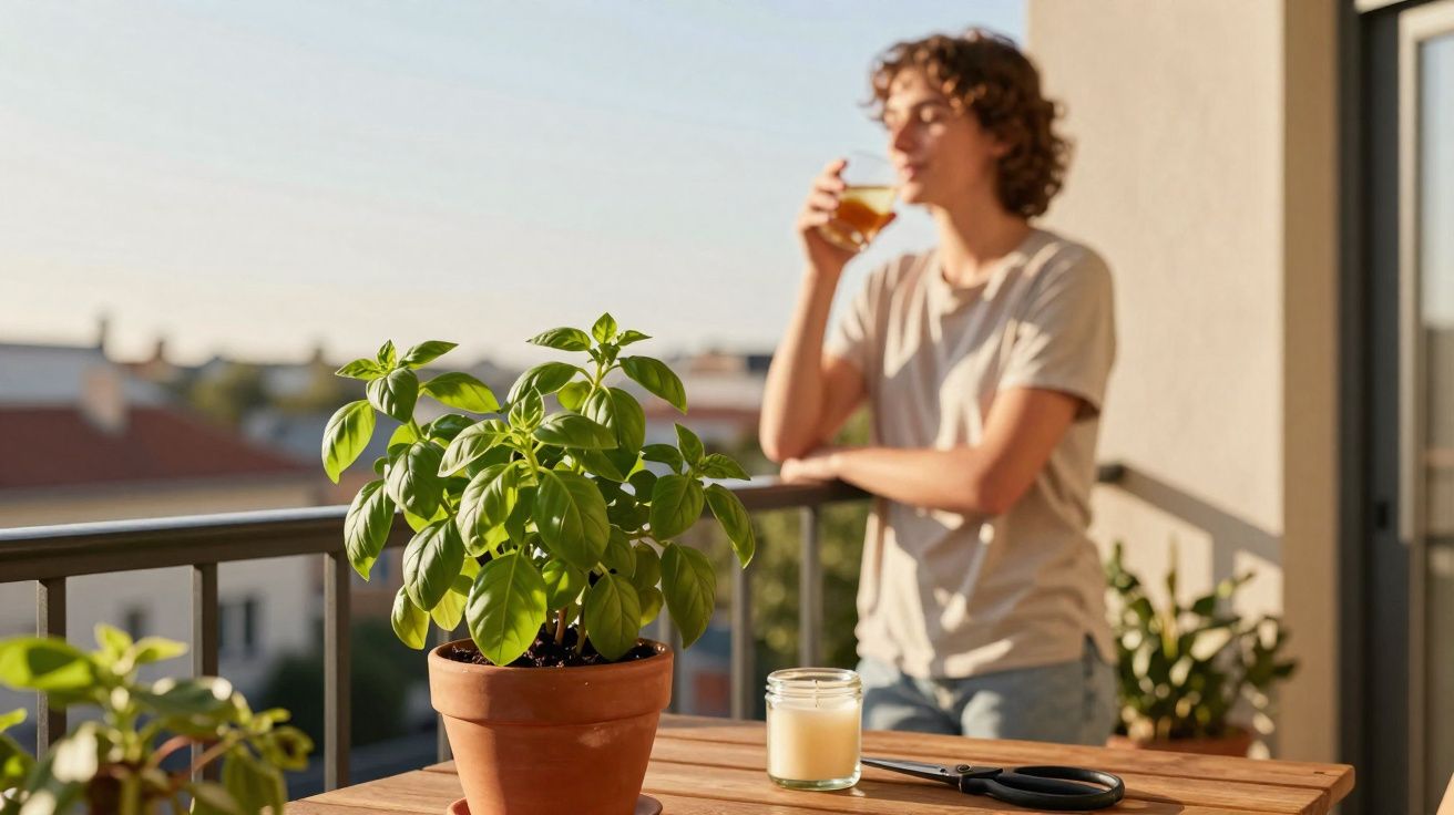 Jeune homme buvant une boisson sur un balcon près d’une table avec un pot de basilic et une bougie.