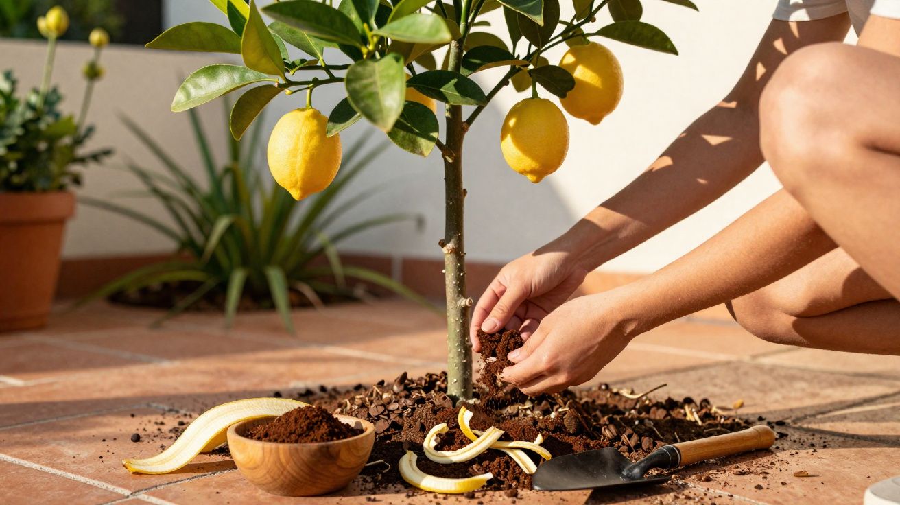 Personne jardinant près d’un citronnier en pot avec du terreau et un petit outil de jardinage sur une terrasse.