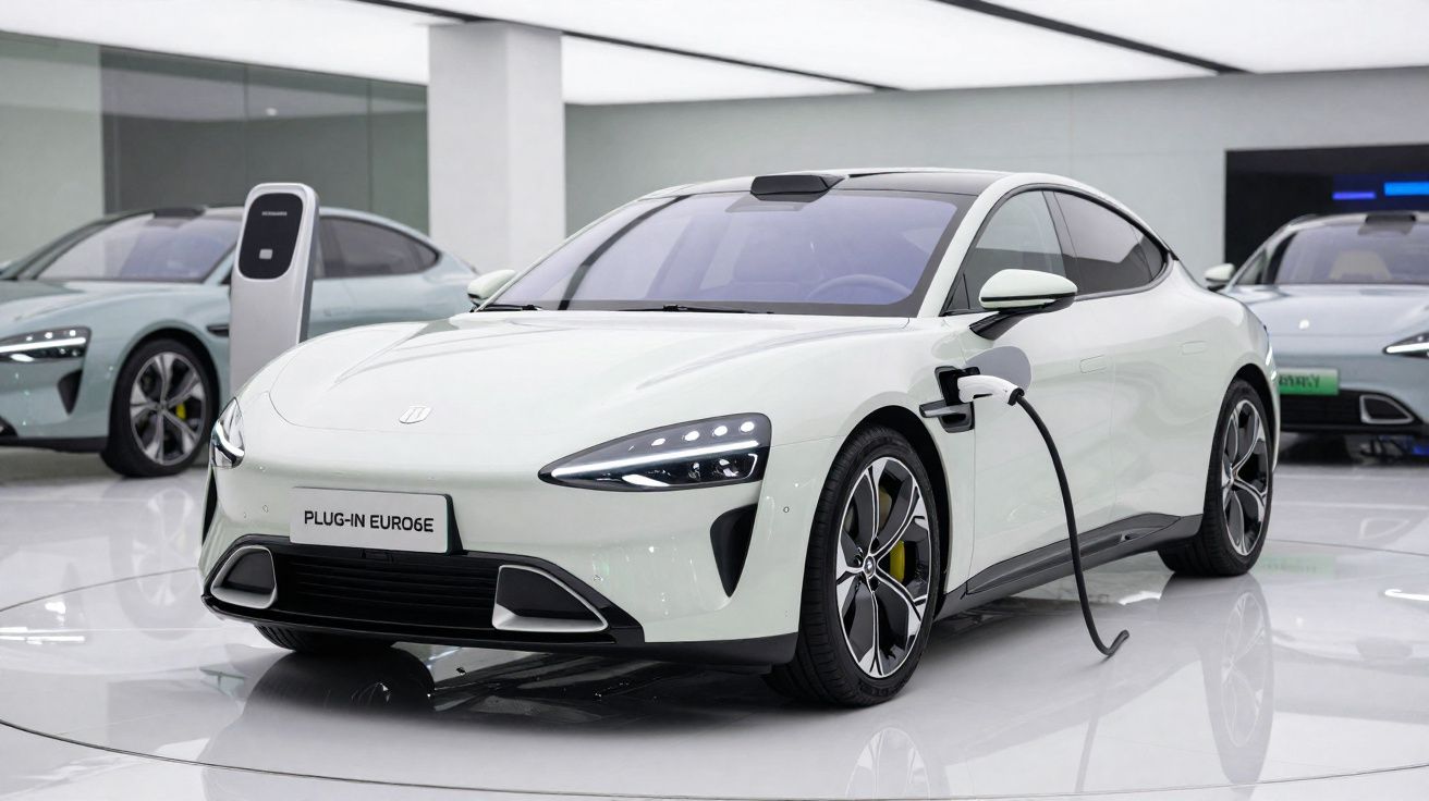 Voiture électrique blanche moderne en charge dans un showroom lumineux avec plusieurs véhicules en arrière-plan.