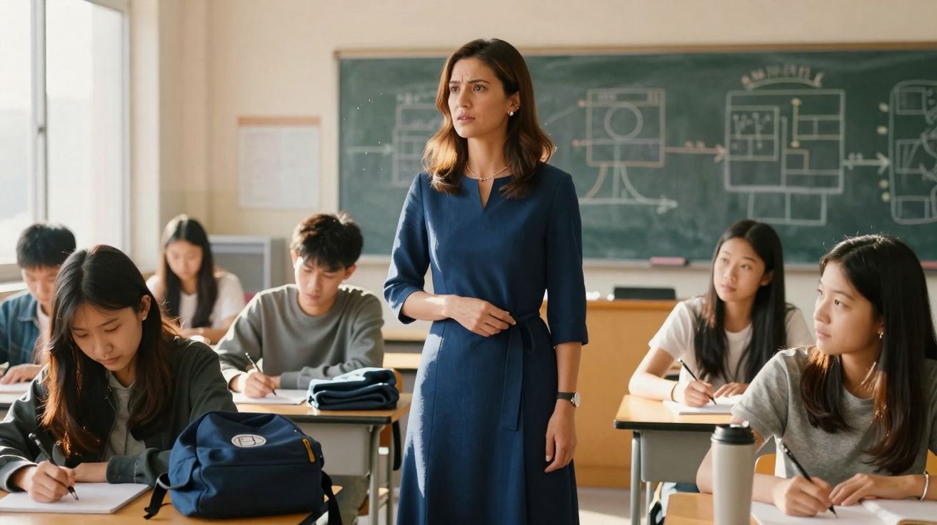 Une enseignante debout dans une salle de classe avec des élèves concentrés en train d’écrire.