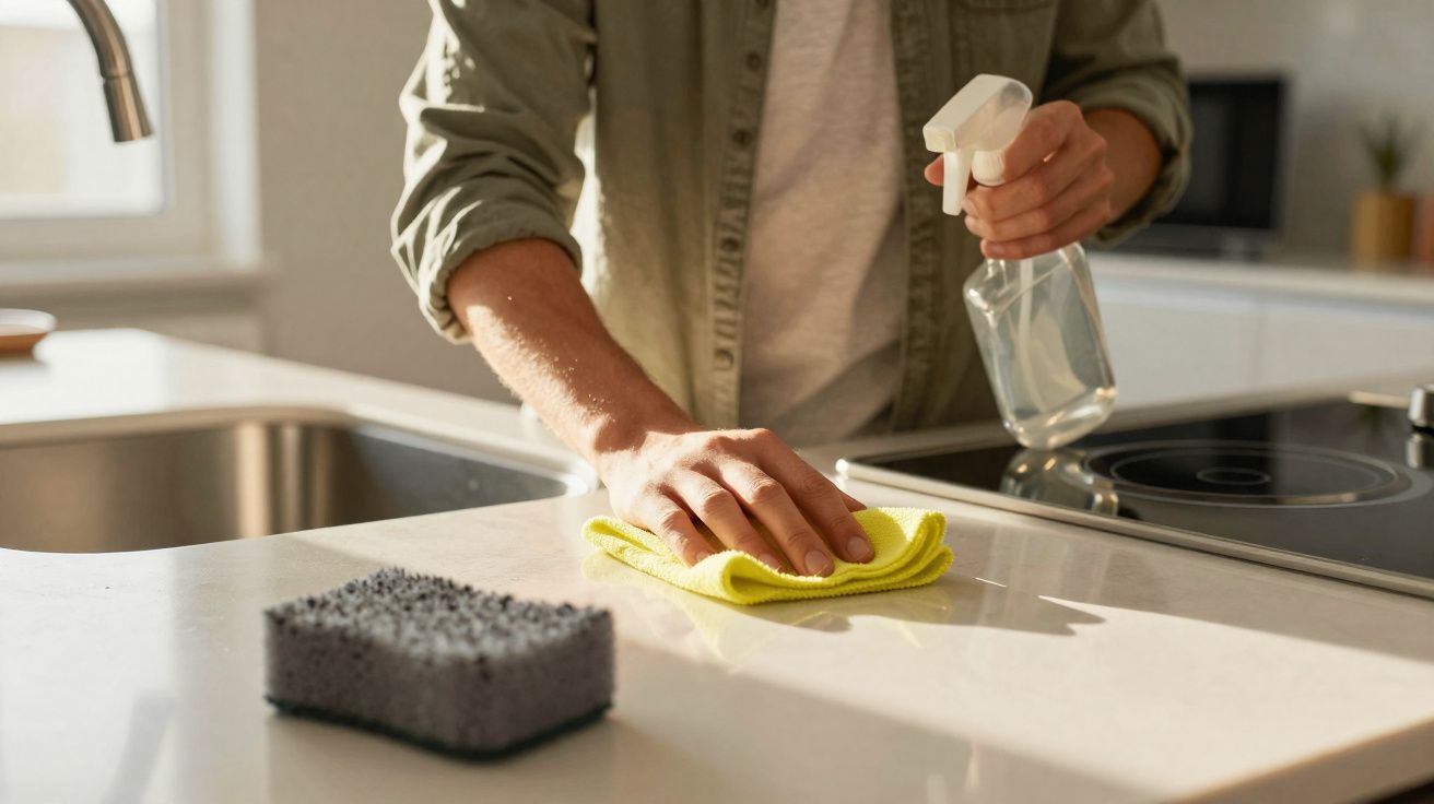 Personne nettoyant un plan de travail de cuisine avec un chiffon jaune et un spray nettoyant.