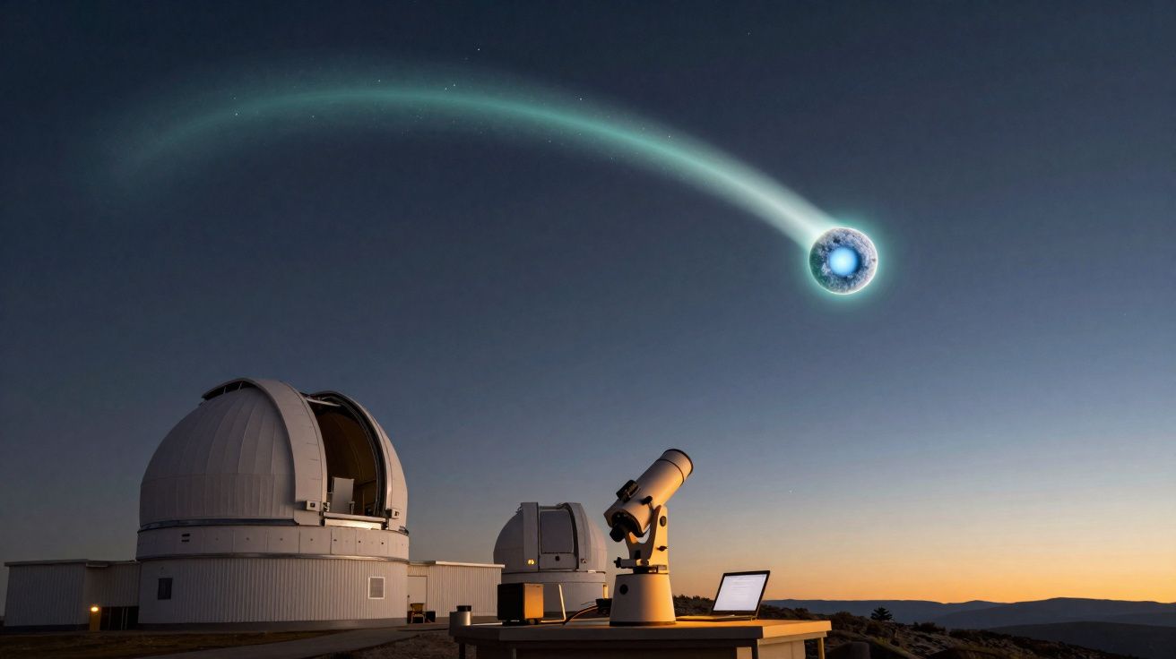 Observatoire astronomique au crépuscule avec une comète lumineuse traversant le ciel étoilé.