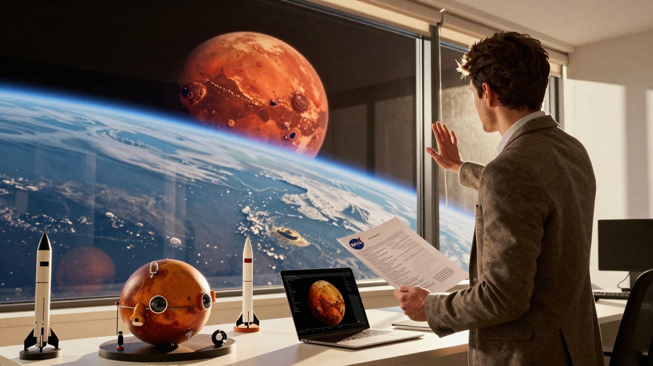 Homme en costume dans un bureau regardant une fenêtre avec vue sur la Terre, Mars et fusées miniatures.