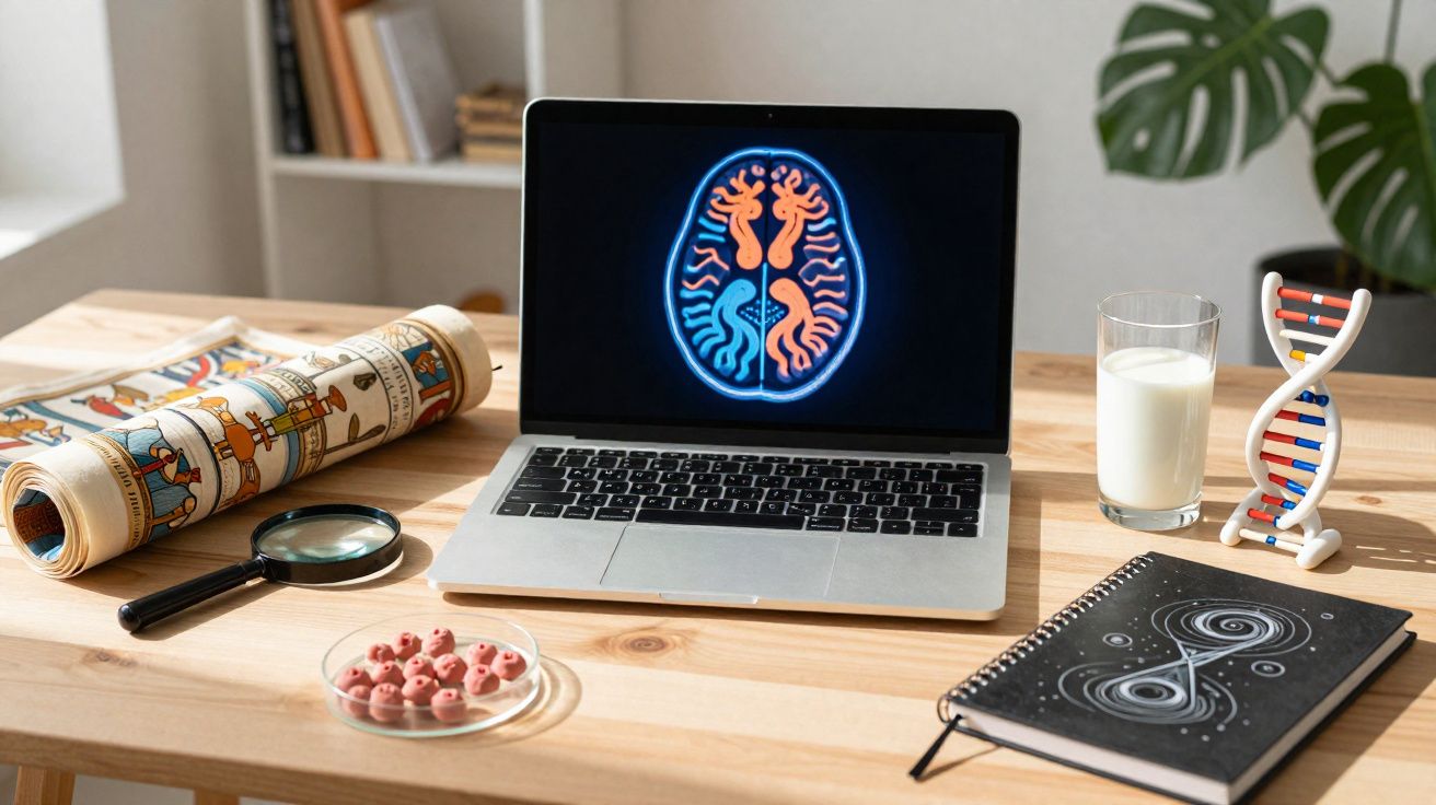 Bureau avec ordinateur affichant un cerveau, un rouleau illustré, une loupe, ADN, un carnet, un verre de lait et une plante.