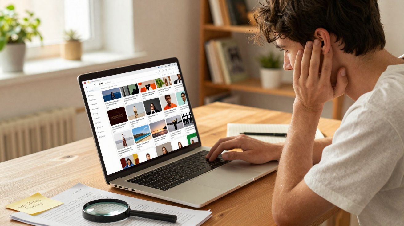 Jeune homme regardant un ordinateur portable sur une table avec des documents et une loupe.