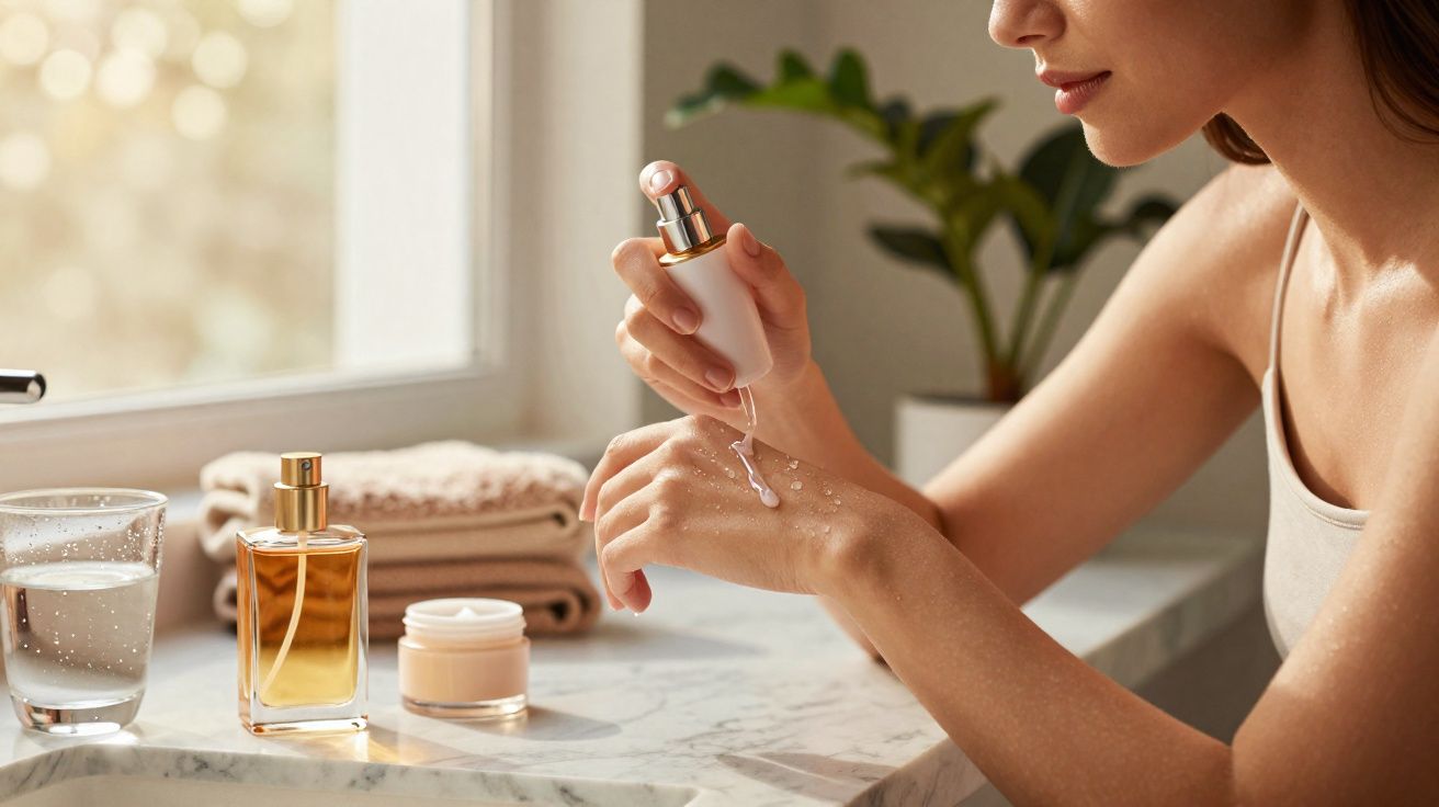 Femme appliquant un sérum hydratant sur la main dans une salle de bain lumineuse près d’un miroir.