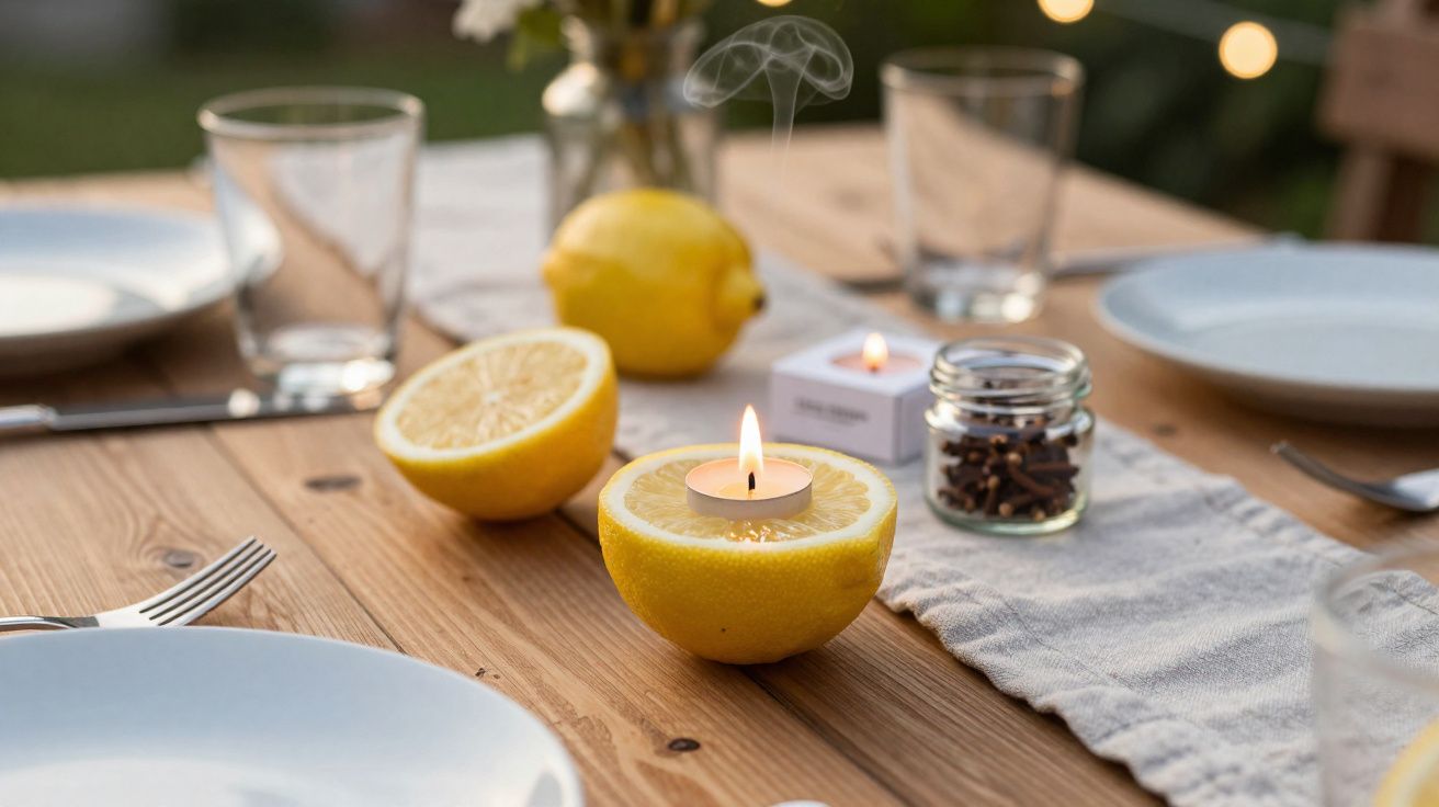 Table en bois dressée avec bougies dans des citrons coupés, verres, assiettes et épices en pot.