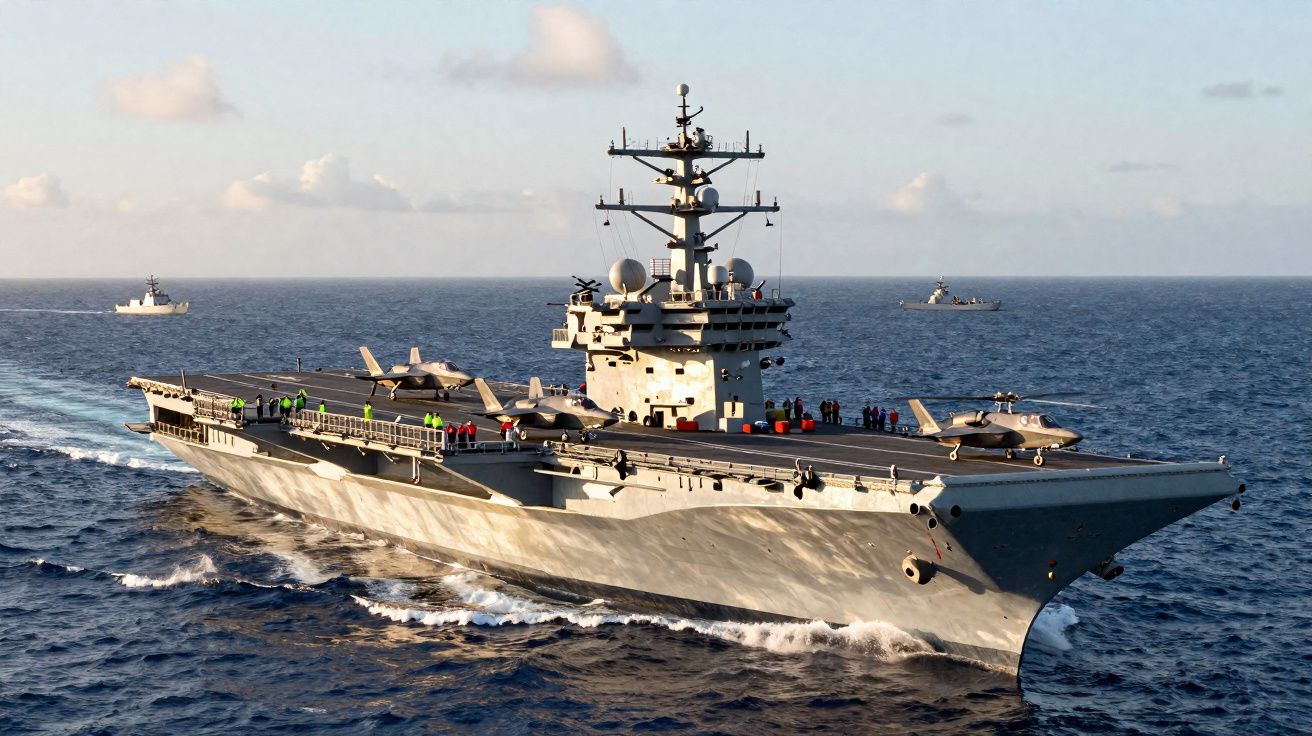 Porte-avions militaire naviguant en pleine mer avec plusieurs navires d'escorte à l'horizon par temps clair.