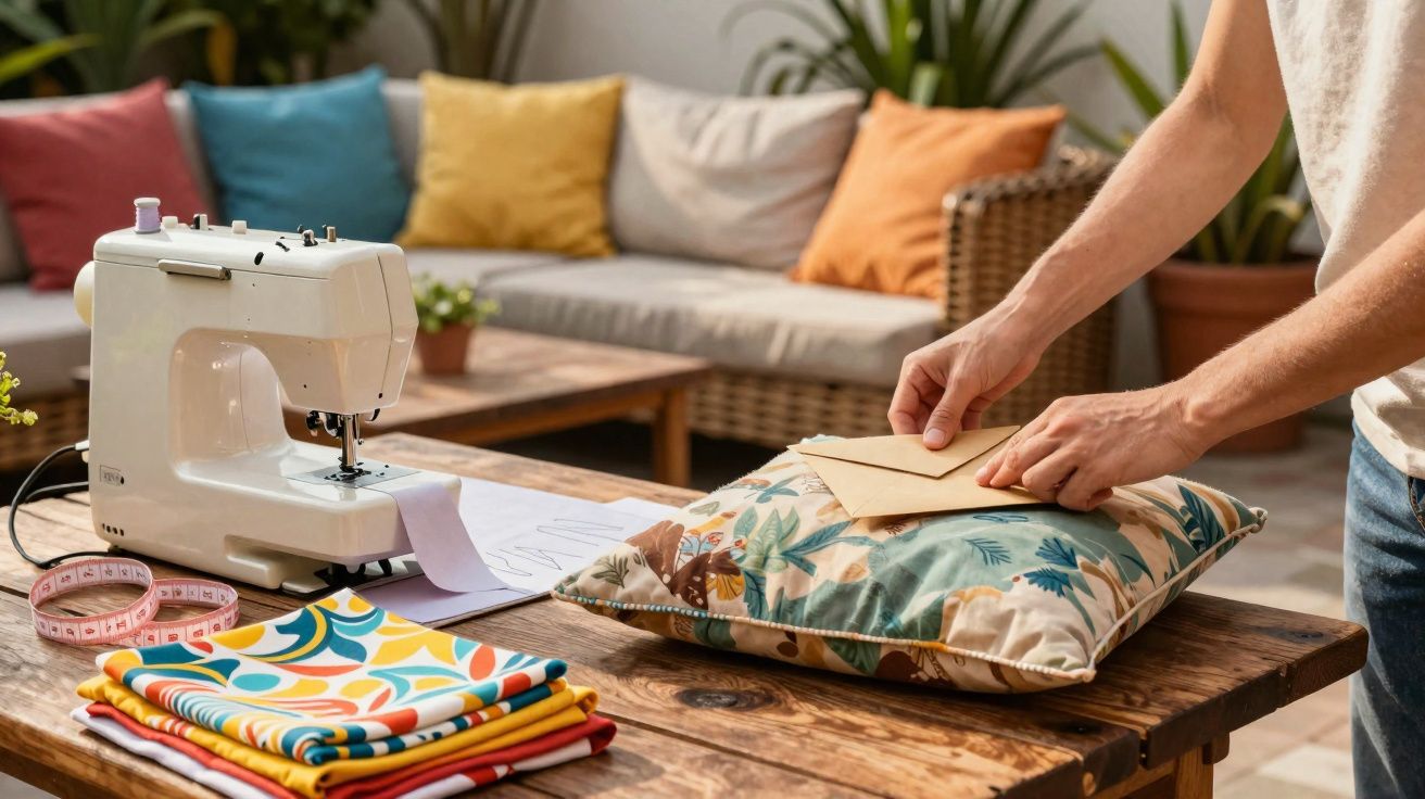 Machine à coudre, tissus colorés et mains posant une enveloppe sur un coussin à motif sur une table en bois.