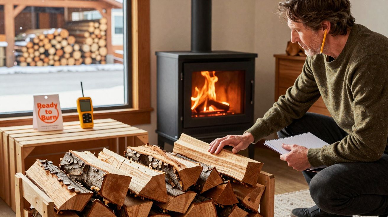 Homme triant des bûches près d'un poêle à bois allumé dans un salon chaleureux et lumineux.