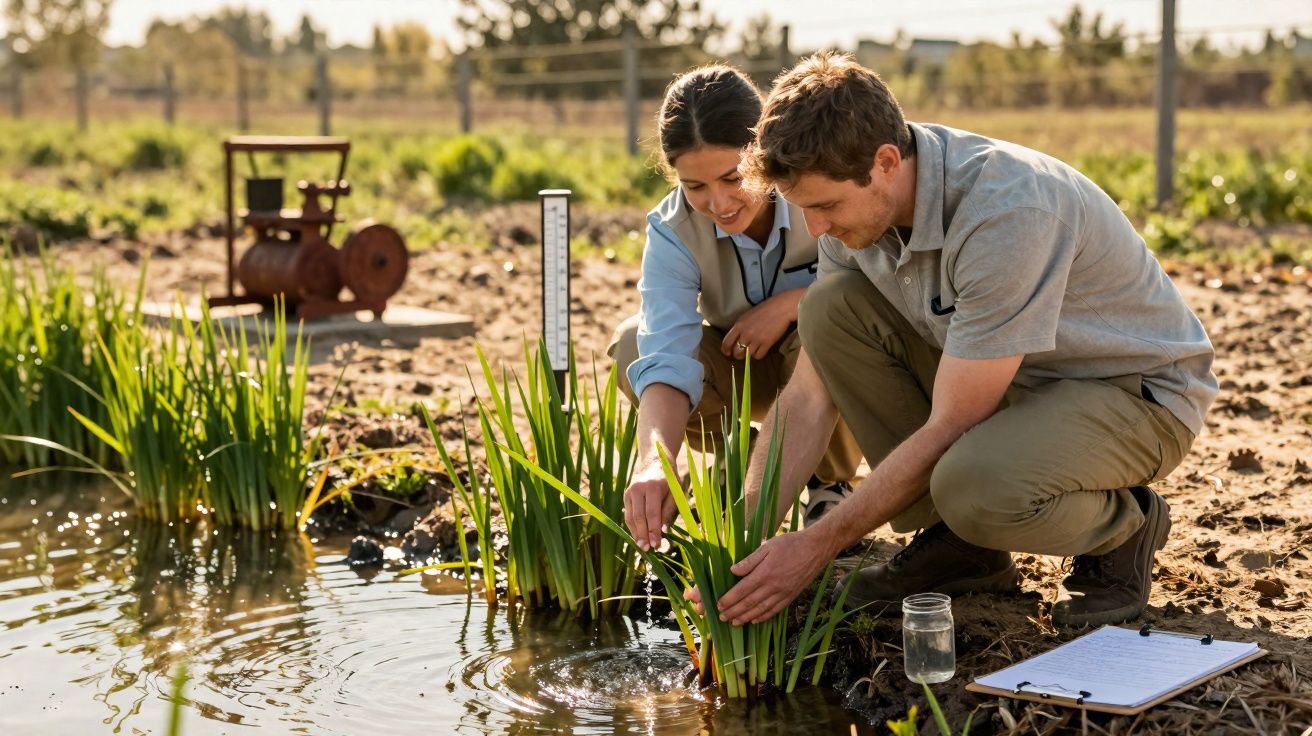 Deux personnes examinent des plantes aquatiques au bord d’un étang en plein air, carnet à côté.