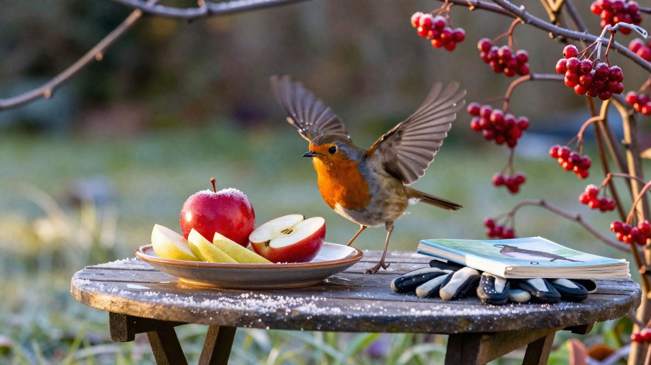 Rouge-gorge aux ailes déployées sur une table avec pommes tranchées, gants et un carnet, baies rouges autour.