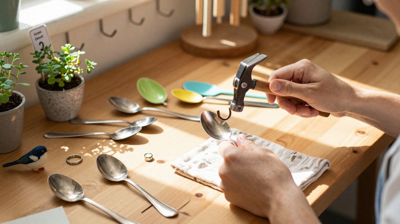 Une personne utilise un marteau pour plier une cuillère métallique sur une table en bois avec d'autres cuillères et objets.