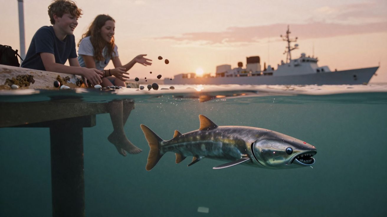 Deux enfants assis sur un quai nourrissant un poisson nageant près de la surface avec un bateau en arrière-plan.