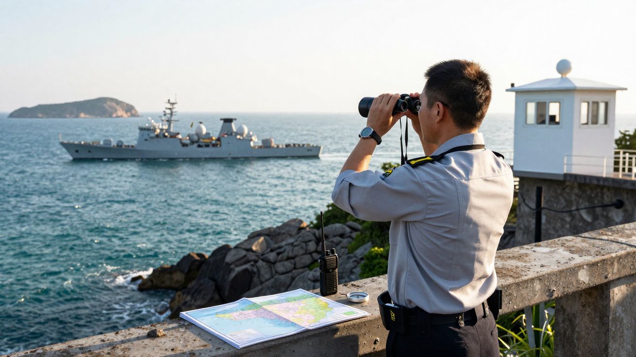 Militaire observant un navire de guerre en mer avec des jumelles depuis un poste de surveillance côtier.