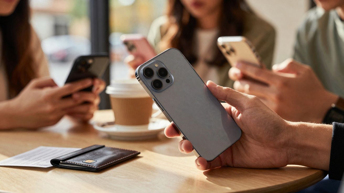 Gros plan sur plusieurs personnes tenant des smartphones autour d'une table avec un café et un portefeuille.