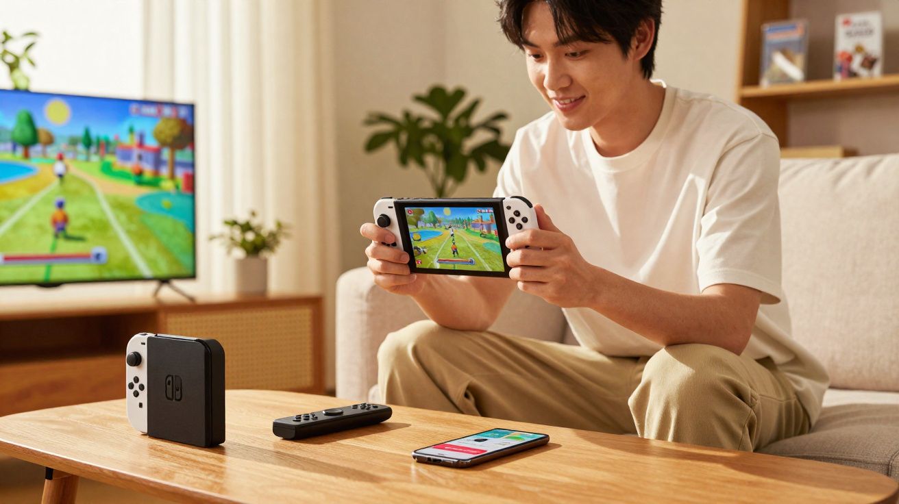 Jeune homme jouant à un jeu vidéo sur console portable Nintendo Switch dans un salon moderne.