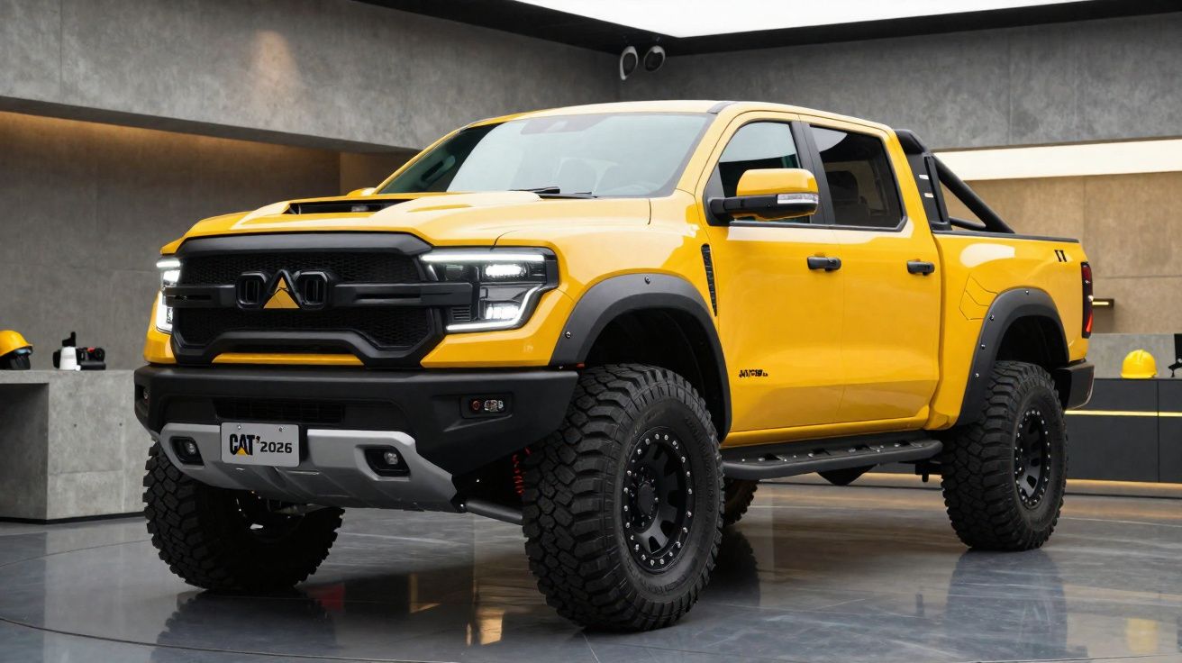 Pick-up jaune Caterpillar CAT 2026 robuste avec pneus tout-terrain exposé dans un showroom moderne.