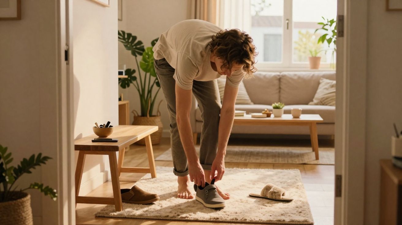 Jeune homme se chaussant pieds nus sur un tapis dans un salon lumineux et décoré avec des plantes.