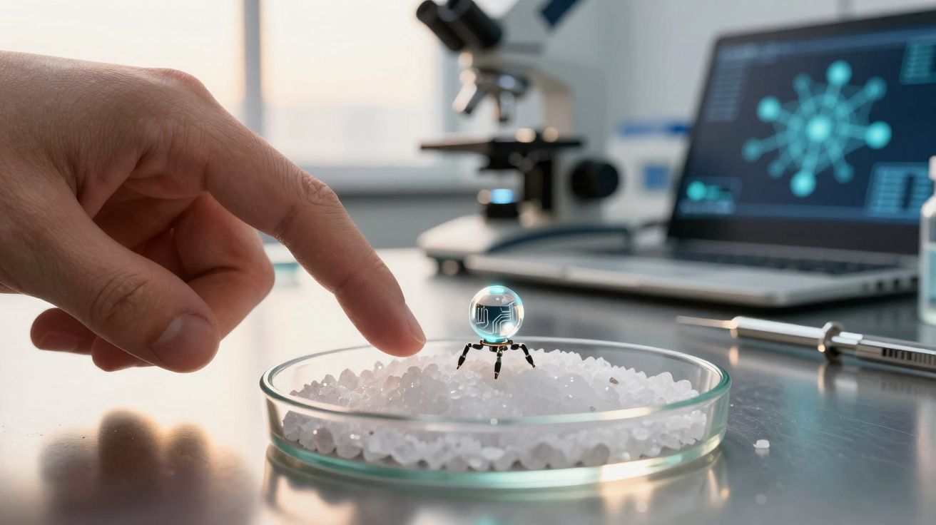 Doigt humain touchant une sphère robotique sur des granulés blancs en laboratoire avec microscope et ordinateur.