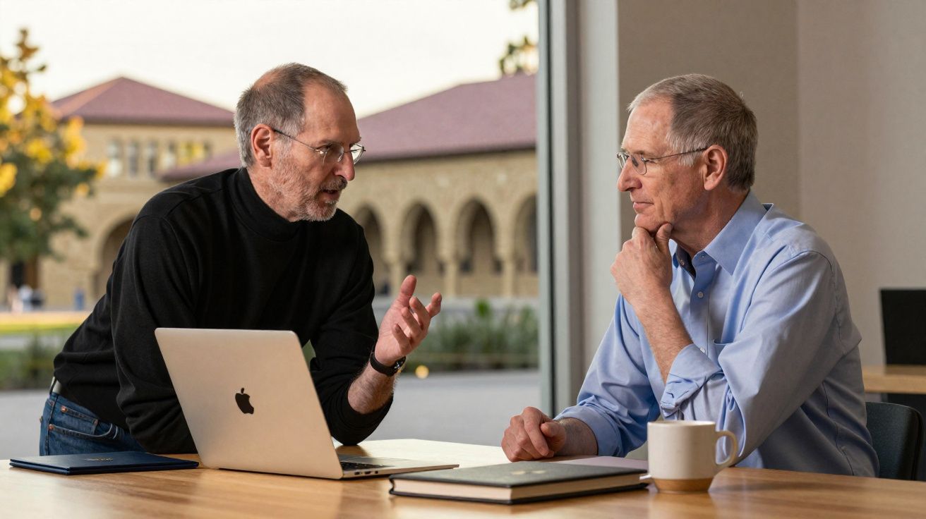 Deux hommes discutent sérieusement à une table avec un ordinateur portable et une tasse, dans un cadre lumineux.