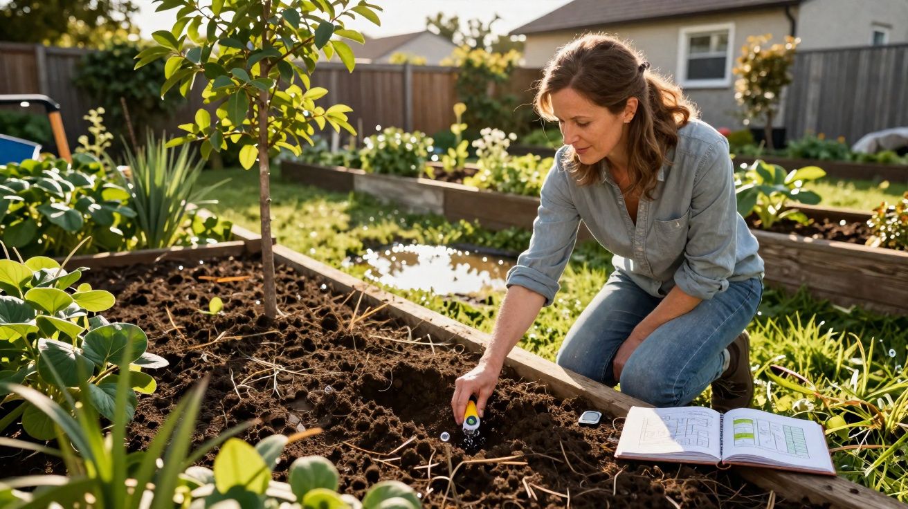Femme jardinant à genoux dans un potager avec un livre ouvert et des plants autour par temps ensoleillé.