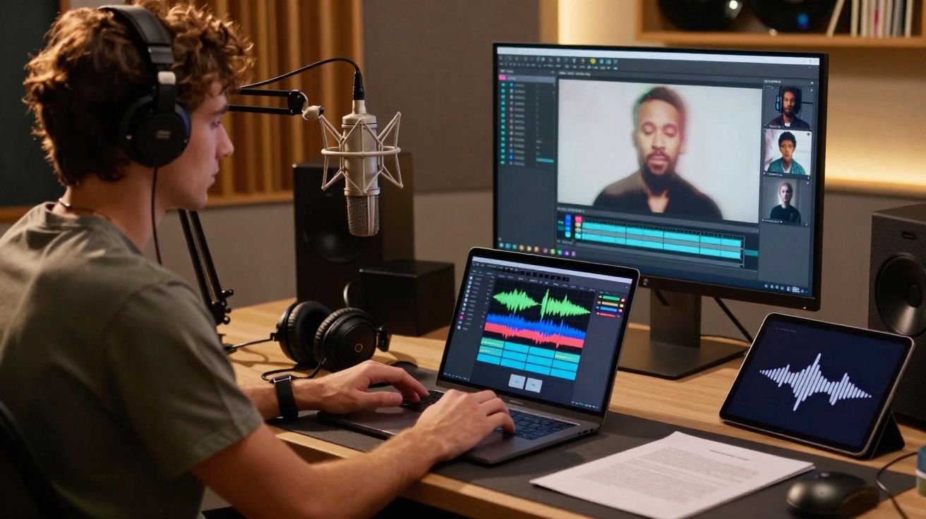 Jeune homme avec casque en studio, travaillant sur montage audio et vidéo avec plusieurs écrans et microphone.