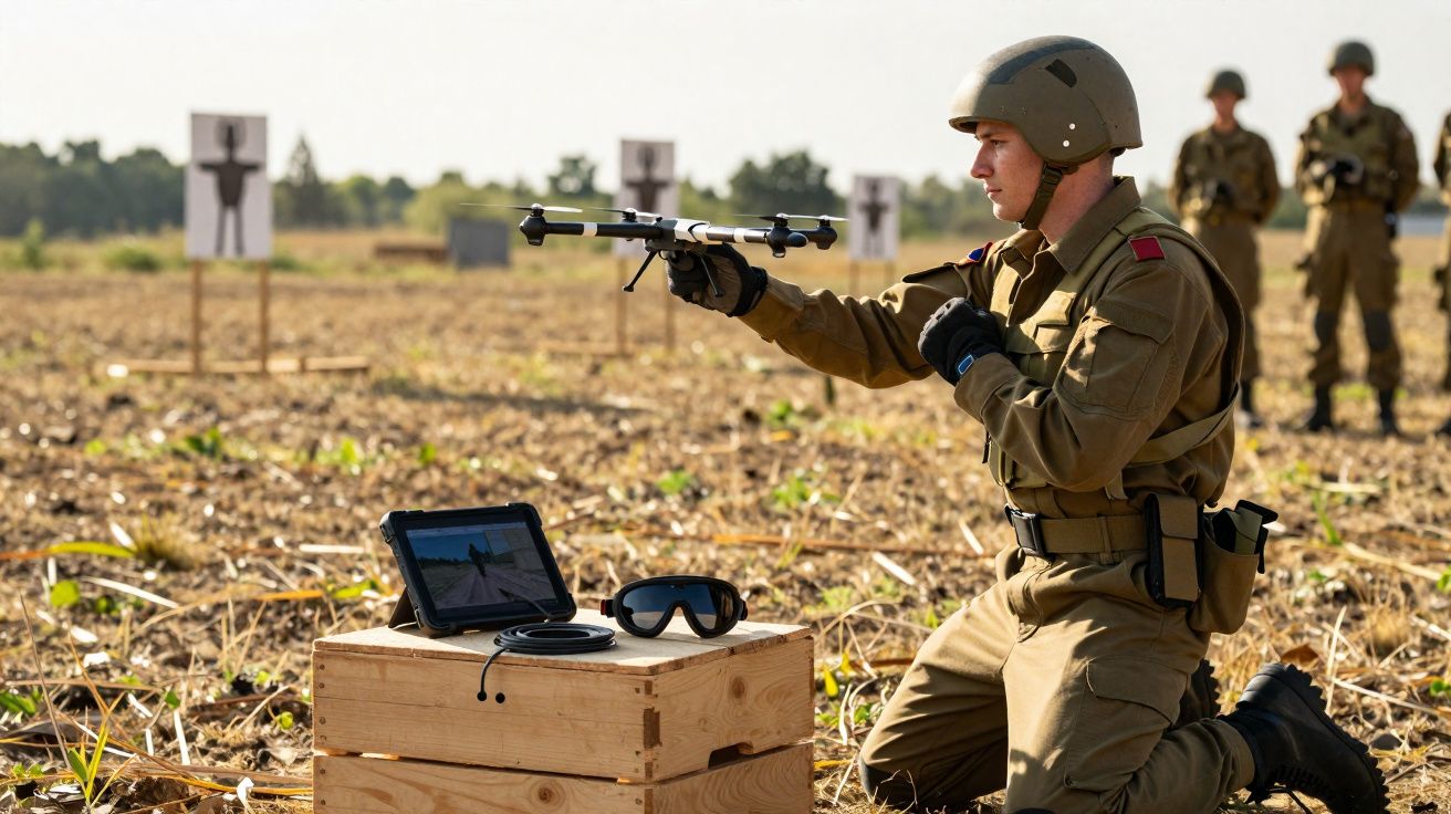 Soldat en tenue militaire tirant avec une arme sur un champ d'entraînement devant une cible.