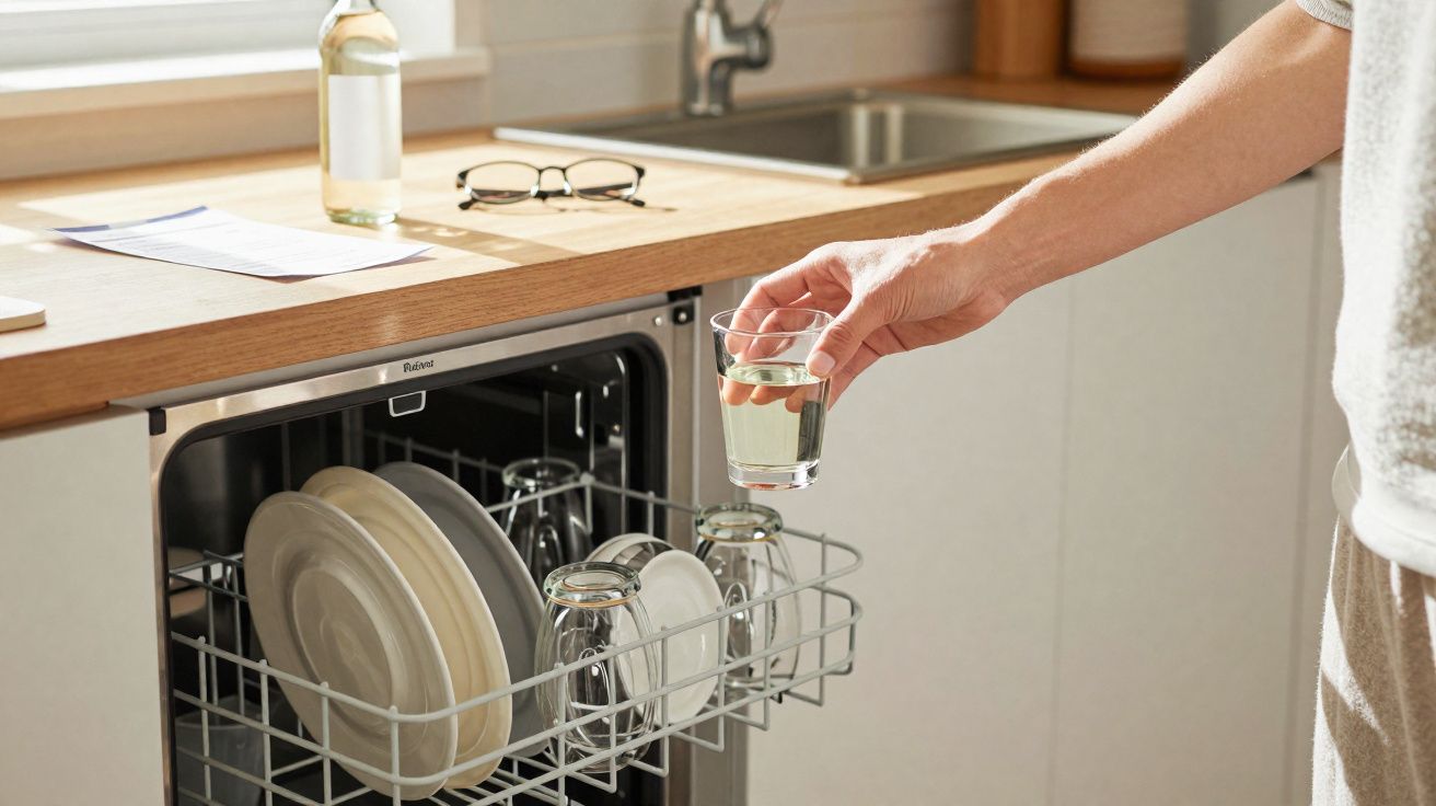 Personne prenant un verre d'eau devant un lave-vaisselle ouvert avec vaisselle propre dans une cuisine.