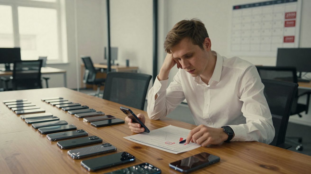 Homme stressé analysant plusieurs smartphones alignés sur une table dans un bureau moderne.