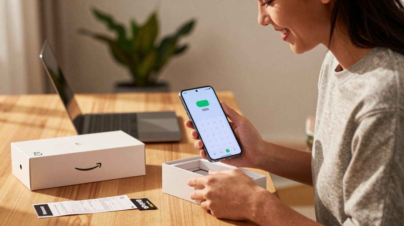 Personne souriante tenant un smartphone affichant une batterie chargée à 100%, boîte Amazon et ordinateur portable en arrière