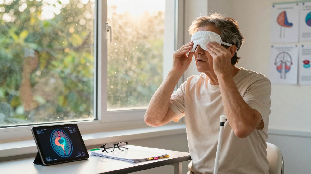 Homme âgé mettant un masque de sommeil, assis près d’une fenêtre avec un ordinateur et des lunettes sur une table.