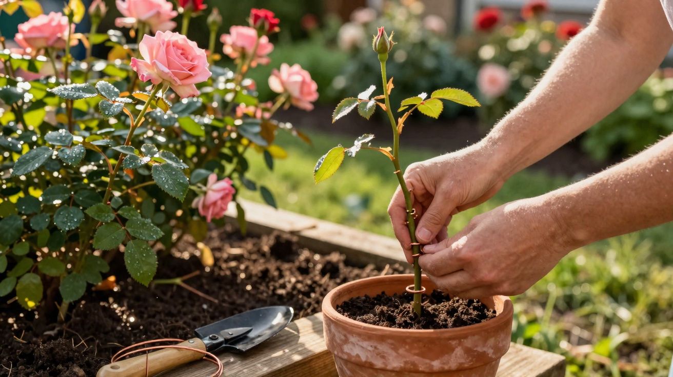 Deux mains plantant un jeune rosier dans un pot en terre avec des rosiers en fleurs roses en arrière-plan.