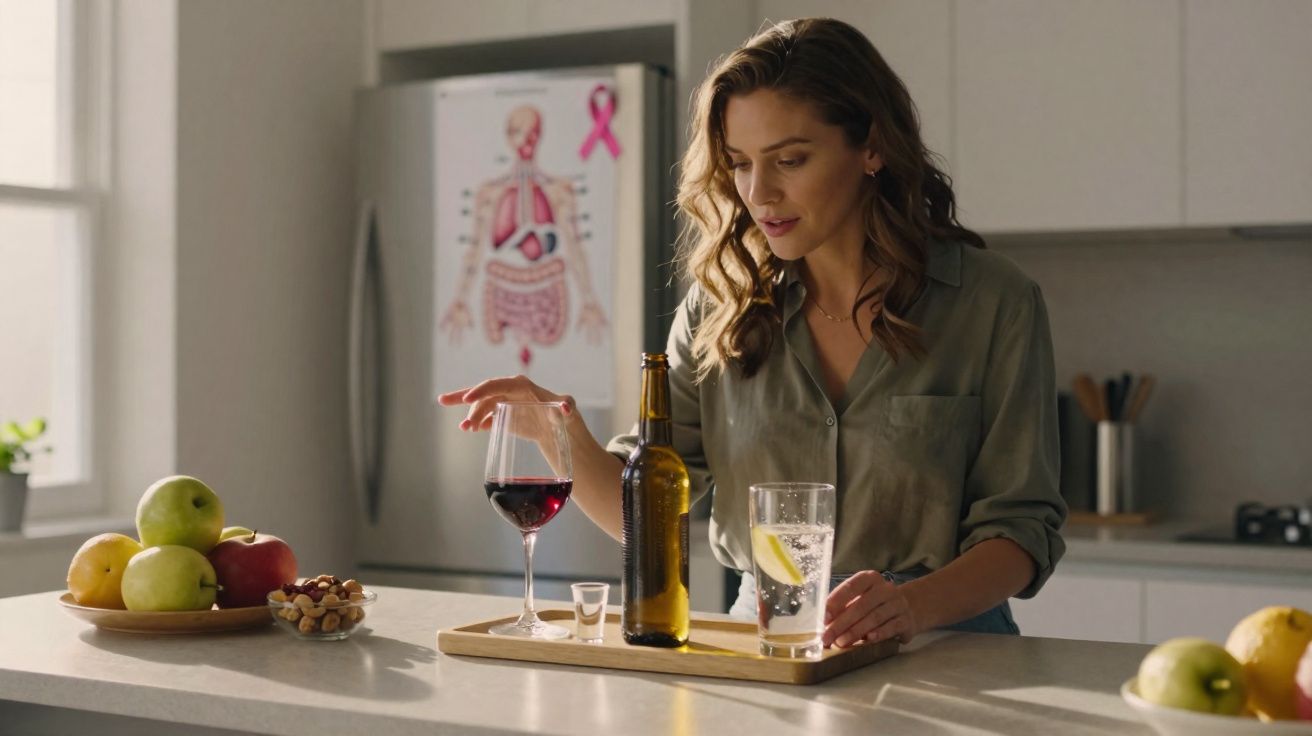 Femme dans une cuisine moderne prenant un verre de vin rouge avec des fruits et des noix sur le comptoir.