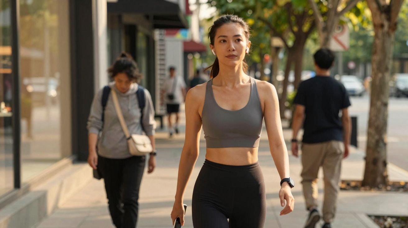 Jeune femme en tenue de sport marchant sur un trottoir urbain par une journée ensoleillée.