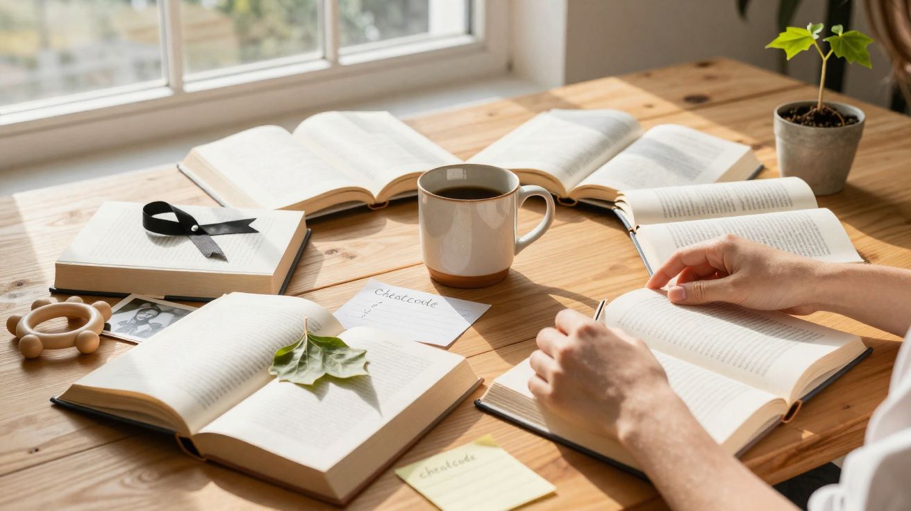 Personne lisant un livre à une table en bois avec plusieurs livres ouverts, une tasse de café et des notes.
