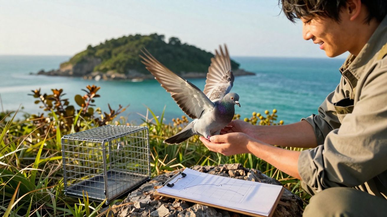 Un homme libère un pigeon au bord de la mer, avec une cage et un carnet posé sur un rocher.