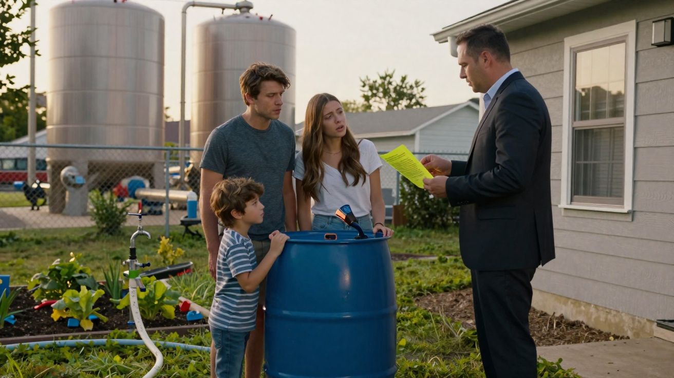 Un homme en costume parle à une famille de trois personnes près d’un tonneau bleu à l’extérieur.