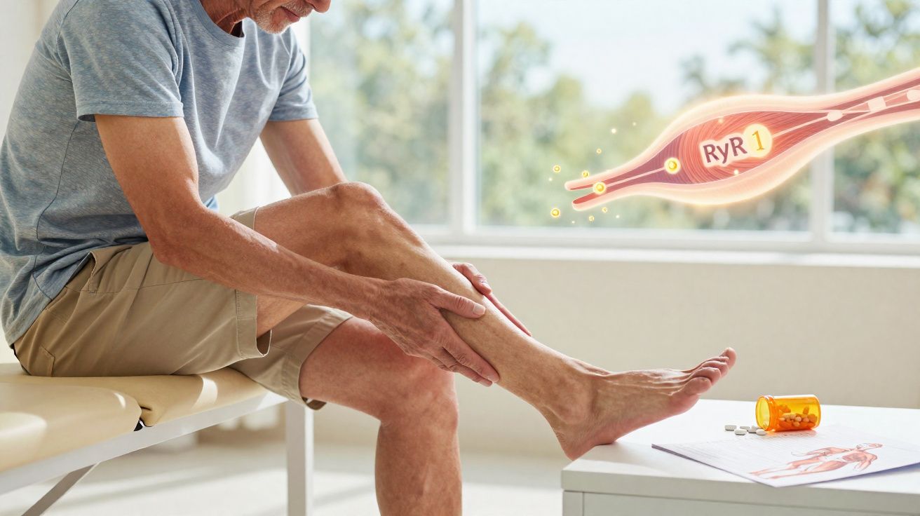 Homme âgé assis tenant sa jambe douloureuse avec schéma de muscle et médicament en surimpression.