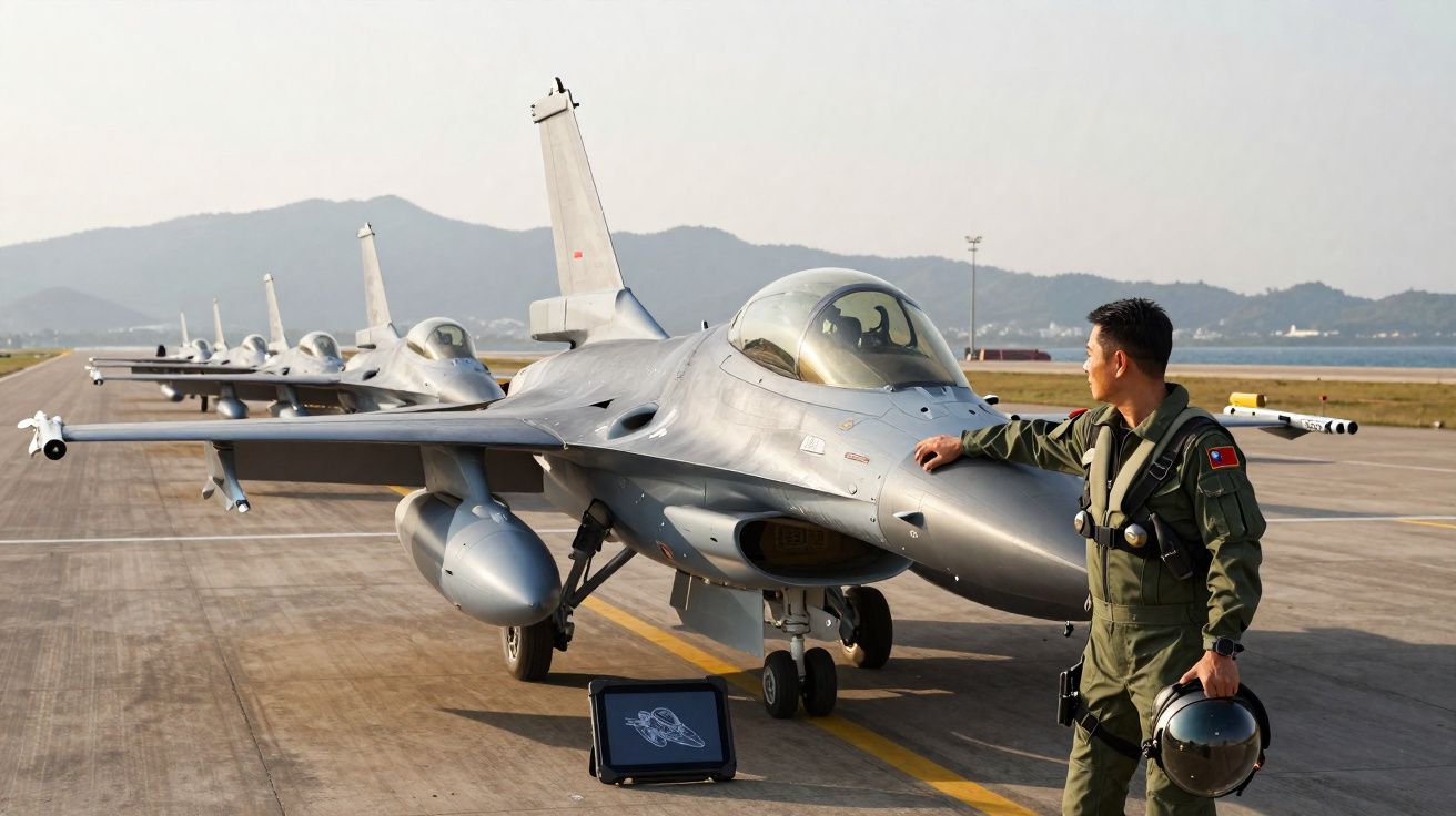 Un pilote en combinaison militaire regarde une rangée d’avions de chasse F-16 sur une piste d’aéroport.